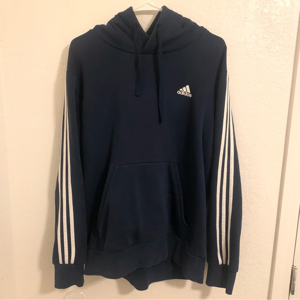 Adidas Sweater Mens Size Large Blue Hoodie Track Jacket 3 Stripes